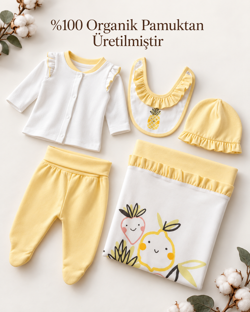 Ananas Detaylı GOTS Sertifikalı Organik Pamuk 5'li Yenidoğan Seti