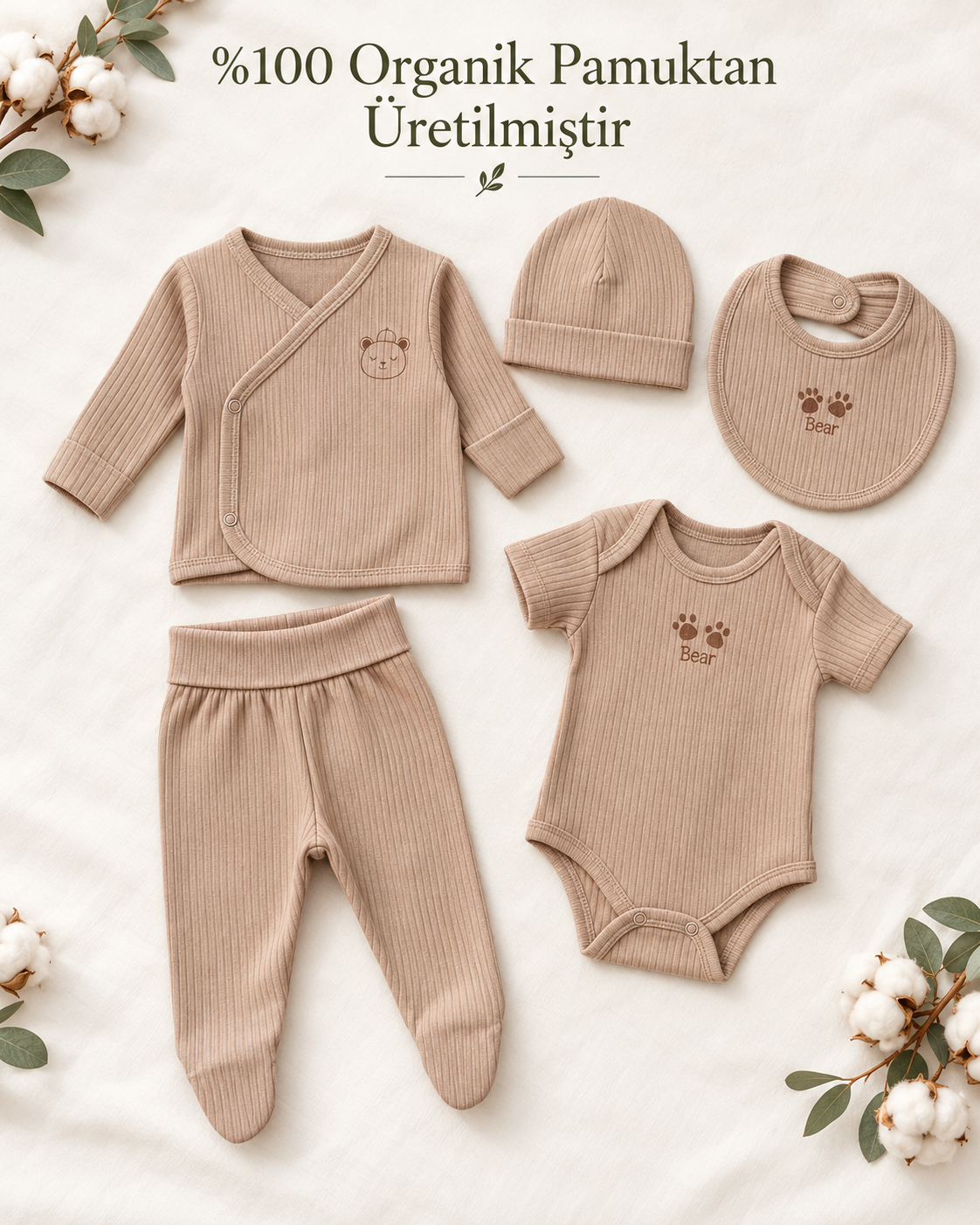 Ayıcık Detaylı 5'li Yenidoğan Seti - GOTS Sertifikalı Organik Pamuk