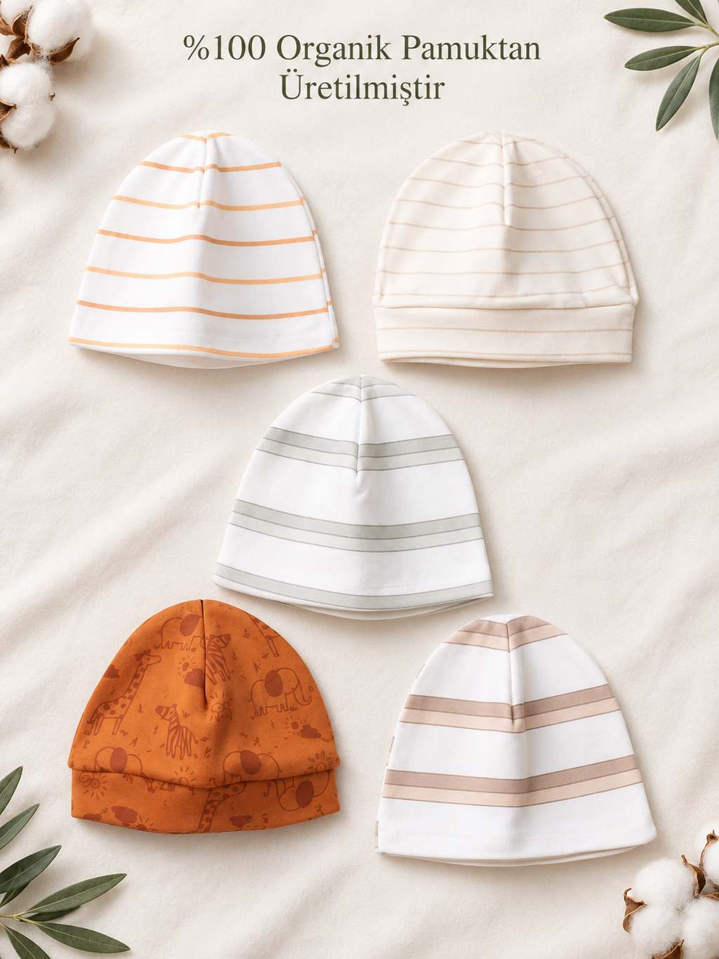 Little Moments 5'li %100 Organik Pamuk Yenidoğan Bebek Bere Seti – Unisex