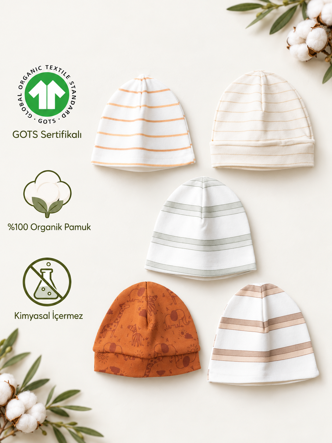 Little Moments 5'li %100 Organik Pamuk Yenidoğan Bebek Bere Seti – Unisex