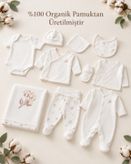 Gül Desenli GOTS Sertifikalı Organik Pamuk Yenidoğan 10'lu Hastane Çıkışı Seti