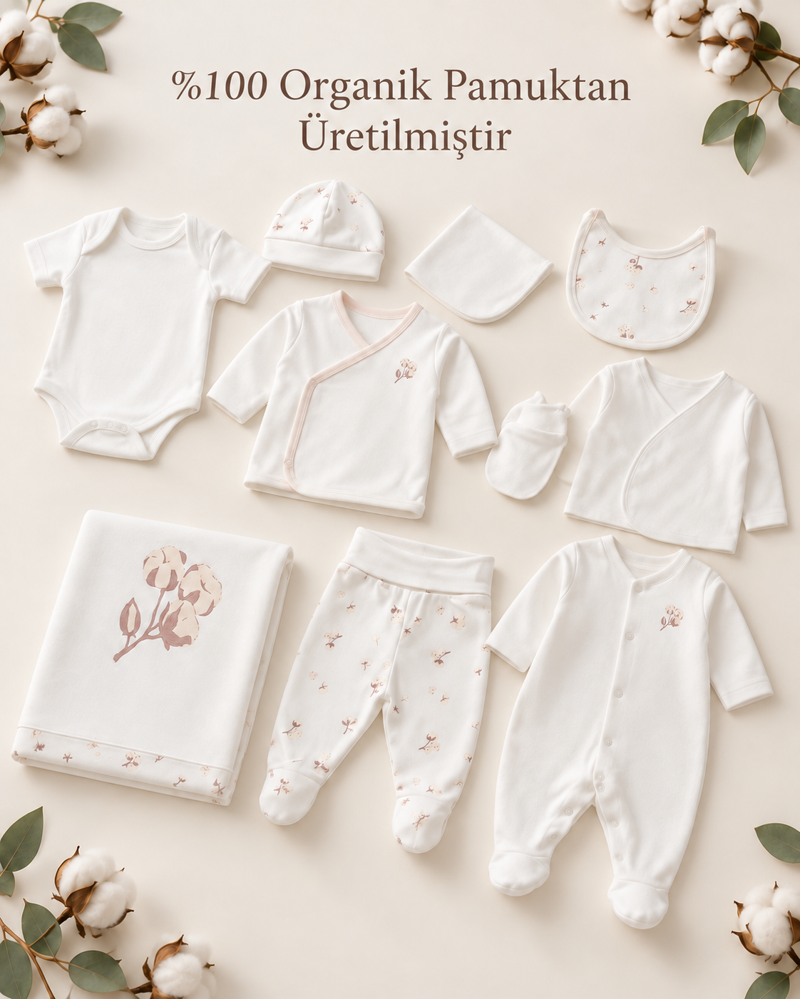 Gül Desenli GOTS Sertifikalı Organik Pamuk Yenidoğan 10'lu Hastane Çıkışı Seti