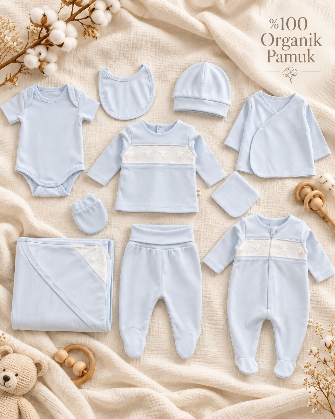 Little Stars  GOTS Sertifikalı Organik Pamuk Yenidoğan 10'lu Hastane Çıkışı Seti