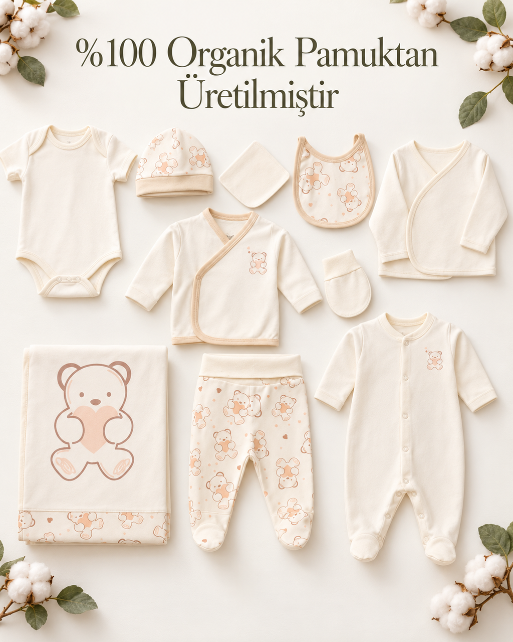 Teddy Bear GOTS Sertifikalı Organik Pamuk Yenidoğan 10'lu Hastane Çıkışı Seti