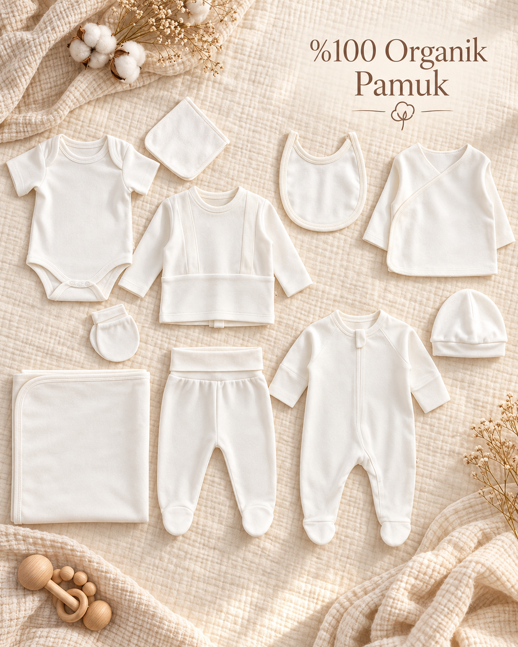 Pure Essentials GOTS Sertifikalı Organik Pamuk Yenidoğan 10'lu Hastane Çıkışı Seti